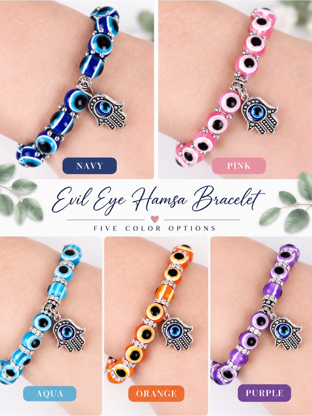 Evil Eye Hamsa Stretch Bracelet 5 Color Options NWT Free Shipping.NWT